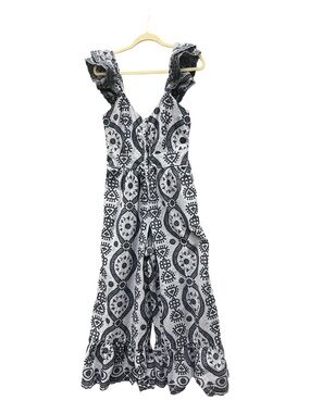 LoveShackFancy Black and White Printed Ruffle Jumpsuit